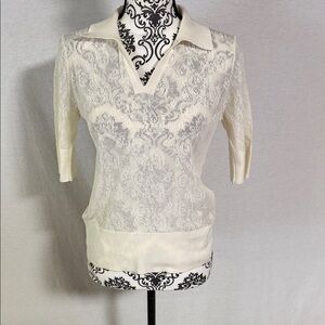Elegant Cream Lace Sheer Open Knit Cotton Polo Women's Sweater Layering Luxury